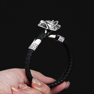 Yunnique Pulsera trenzada de cuero genuino para hombre, joyería de plata tibetana con cabeza de león, regalo del zodiaco animal, circunferencia interior de 205mm - Product Image 4