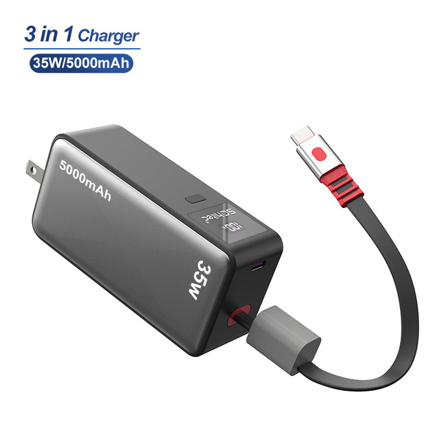 New Design 3 in 1 5000mAh Power Bank with Foldable Wall Plug & Built-in Cable 35W Wall Charger for Travel Outdoor