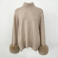 OFTBUY 2024 hiver col montant pull manchette épissé naturel fourrure de renard manches femmes lâche tricoté véritable véritable pull en fourrure