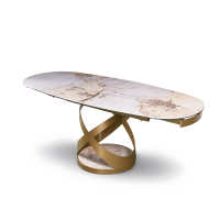 Table à manger extensible moderne de luxe avec plateau en pierre frittée ovale et base en acier doré, pour 6 à 8 personnes, meubles de salle à manger pour maison, villa, hôtel
