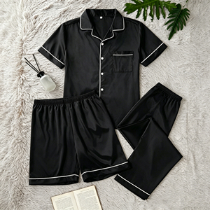 Conjunto de Pijama de Tres Piezas para <span class=keywords><strong>Hombre</strong></span>, Satinado, Suave, Transpirable, Color Sólido, Cuello Solapa, Cómodo, Venta al Por Mayor de Fábrica - Product Image 1