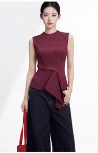PY 2026 Lightweight Breathable Miyake Pleated <b>Asymmetrical</b> Sleeveless Tank <b>Tops</b> Summer 100% Polyester Quick Dry Women Bulk - Product Image 4