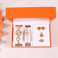 Ensemble cadeau de luxe pour femmes, montre en quartz dorée en métal, bracelet en cristal, collier, boucles d'oreilles, bague, 5 pièces de bijoux, Saint-Valentin