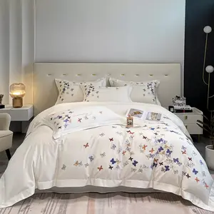 Bộ Vỏ Chăn Thêu Hình Bướm Sang Trọng Ga Trải Giường Vỏ Gối 100% Cotton 40S Bộ Ga Trải Giường Phong Cách Châu Âu Cỡ Queen