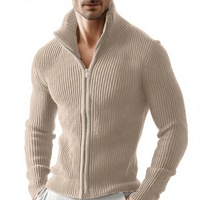 Nouveau Cardigan Zippé Polyvalent pour Homme, Manches Longues, Col Montant Côtelé, Coupe Slim, Couleur Unie, Automne, 100% Coton