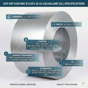 Tôle d'acier Galvalume galvanisée à chaud en bobine, norme JIS Z120-Z600, revêtement certifié ISO 9001, dureté moyenne, paillettes minimales - Product Image 2