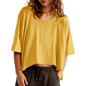 เสื้อครอปท็อปโอเวอร์ไซส์สำหรับผู้หญิง สีเหลือง แขนสั้น คอทรงโอ ผ้าถัก สีพื้น ทรงหลวม ใส่ได้ทั้งฤดูใบไม้ผลิและฤดูร้อน - Product Image 1