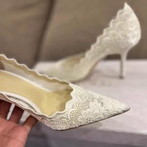 Chaussures de mariée personnalisées pour femmes, bout pointu, talon aiguille, ensemble de chaussures de mariage, dentelle blanche brodée, talon de 6 cm, chaussures de mariage pour la mariée - Product Image 2