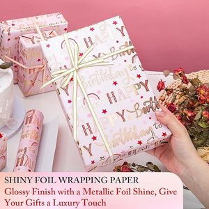 Original pink aluminum-coated <b>paper</b> <b>packaging</b> with gold foil pattern of the letters Happy Birthday and star shapes - Product Image 4