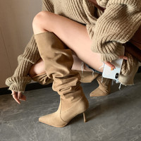 Bottines à talons aiguilles pour femmes, style fourrure épaisse, talons pointus et hauts jusqu'au genou, design à semelle épaisse