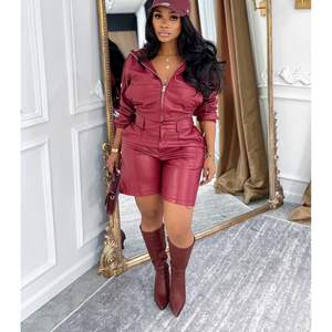 Conjunto de Dos Piezas Sexy Personalizado 2026 para Mujer, Chaqueta de Cuero PU con Cremallera y Pantalones Cortos, Top Corto Ajustado con Cuello en V, Ropa de Club, Moda para Adultos - Product Image 2