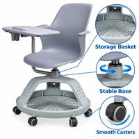 Chaise de formation pivotante à 360 degrés avec tablette d'écriture, panier de rangement et roulettes silencieuses pour salle de classe universitaire et centre de formation
