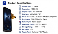 Module d'affichage LCD TFT étiré de 12,3 pouces, écran IPS 1920x720, interface MIPI RGB, rétroéclairage LED, tableau de bord automobile