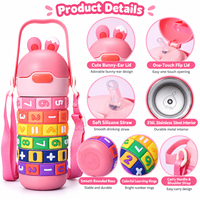 Bouteille d'eau isotherme à double paroi en acier inoxydable 316 de 14 oz avec motif puzzle mathématique et oreilles de lapin, avec poignée et paille, idéale pour l'école