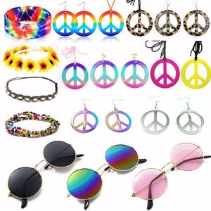 Venta caliente <span class=keywords><strong>Hippie</strong></span> traje joyería conjunto para Halloween Mardi Gras signo de la paz collar flor corona diadema y arcoíris gafas de sol - Product Image 2