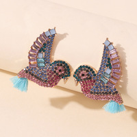 Nouvelles boucles d'oreilles pendantes tendance en forme de petit oiseau, incrustées de diamants colorés, en alliage personnalisé, avec franges, cadeau pour femme