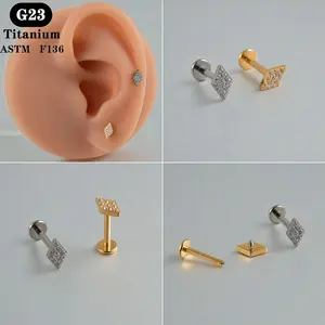 ASTM F136 Titanium Geometry Mirco Zircon Silver Gold Plated Labret Internally Threaded Tragus Earring Ear Studs Wholesale