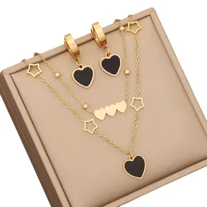 Ensemble de bijoux coeur noir fin mode acier inoxydable plaqué or 18 carats pendentif en couches collier Bracelet boucles d'oreilles indien pour les femmes