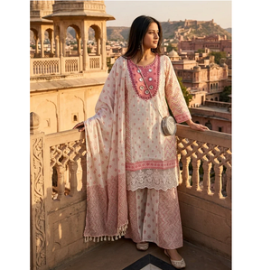 Ensemble Kurta et pantalon décontracté en coton rose poudré à motifs floraux avec dupatta, séchage rapide, sans plis, élégant, tenue ethnique pour femme - Product Image 3