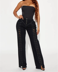 Jeans Larghi da Donna Bufa OEM Designer, Nuovi <span class=keywords><strong>Pantaloni</strong></span> Casual alla Moda <span class=keywords><strong>a</strong></span> <span class=keywords><strong>Vita</strong></span> <span class=keywords><strong>Bassa</strong></span> con Cerniera e Laccetti, Traspiranti ed Eco-Friendly, Eleganti - Product Image 5