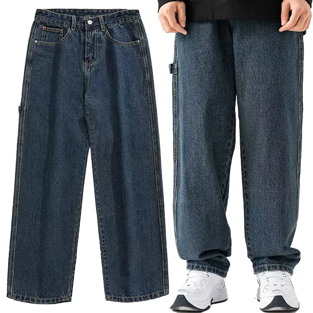 Erkekler gevşek moda dökümlü pantolon özel tasarım kot Baggy kargo pantolon toptan Casual boy Denim pantolon ile Baggy