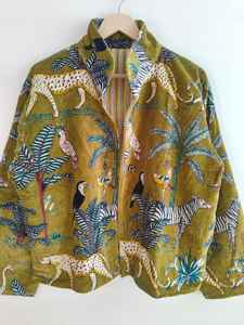 Veste bomber en velours bohème à imprimé jungle verte, réversible, écologique, respirante, hiver - Product Image 3
