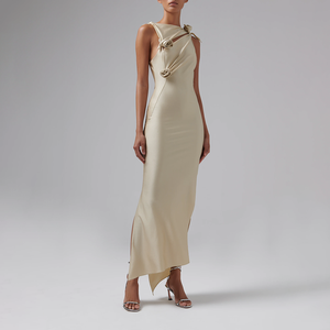 Tùy chỉnh satin vải không tay ăn mặc thanh lịch dài Evening Gown draped thiết kế hoa embellishments <span class=keywords><strong>Side</strong></span> Slit Casual Dresses - Product Image 2