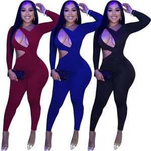 wholesale women clothing sexy clubwear long sleeve tight bodycon sexy cut out jumpsuit