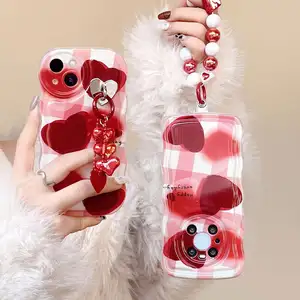 Красный силиконовый защитный чехол с бусинами и цепочкой Love Girl, мягкий чехол для iPhone14/13/12Pro/max