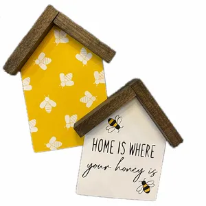 JUNJI 홈은 당신의 꿀이 손으로 그린 나무 벽 장식 나무 집 모양의 꿀벌 기호 홈 장식 나무 빈 선물 기호