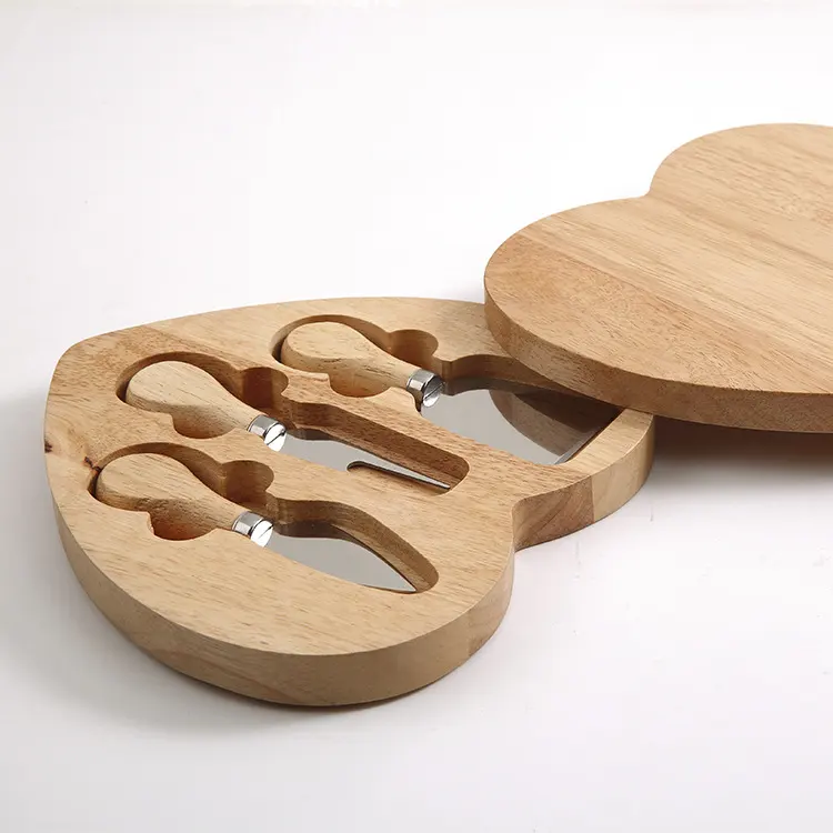 Tabla de cocina de madera con forma de corazón personalizada, tabla de cortar queso con cuchillo de 3 piezas, juego de cubiertos