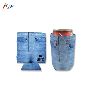 Azul jeans grano plegable de stubby puede refrigerador de neopreno plegable cerveza, vino, sostenedor de sleleve