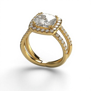 Bague de fiançailles solitaire en diamant de laboratoire taille coussin plaqué or 18K 14K, double bande pavée de diamants ronds, style classique - Product Image 1