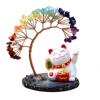 Statue de chat en pierres de guérison en gros, figurine de chaton porte-bonheur, arbre de cristal à sept chakras enroulé de fil pour la décoration de la maison, du bureau ou du bureau de travail