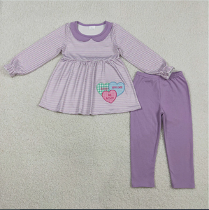 Girls GLP3262 XOXO <b>Hearts</b> Embroidery Stripes Tunic <b>Top</b> Purple Pants Girls Valentine's Day Clothes Set - Product Image 4