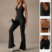 Ensemble de yoga sexy en dentelle à col en V pour femme, combinaison de sport respirante, justaucorps de fitness, pantalon patte d'éléphant, survêtement de gym et de Pilates