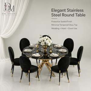 Table de banquet de mariage ronde personnalisée en acier inoxydable doré avec base en ruban croisé et plateau en verre trempé miroir - Product Image 1