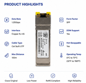โมดูลทองแดง Cisco GLC-TE SFP เป็น RJ45 10/100/1000Mbps แบบ Auto MDI/MDIX Gigabit SFP Transceiver สำหรับสวิตช์เครือข่ายองค์กร - Product Image 3