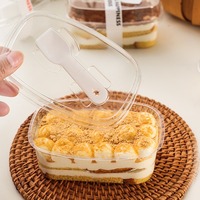 Boîte à dessert jetable en plastique PET transparent écologique avec cuillère intégrée, contenant alimentaire à emporter pour gâteaux, pâtisseries et emballages de boulangerie