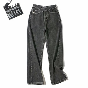 Blu <span class=keywords><strong>grigio</strong></span> Streetwear moda Vintage Harajuku pantaloni dritti vestiti a vita alta gamba larga Denim abbigliamento <span class=keywords><strong>donna</strong></span> cintura obliqua <span class=keywords><strong>Jeans</strong></span> - Product Image 3
