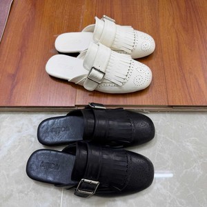 Genuine Leather Square Toe <b>Mules</b> With Buckle And Fringe Breathable Slippers For Women - Product Image 2