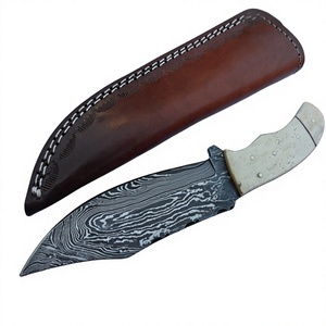 Cuchillo de Hoja Fija para Exteriores, Acero de Damasco, Mango de Madera, Punta Caída, Cuchillo de Caza con Funda de Cuero - Product Image 2