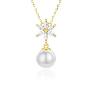 New Design Modern 9k Solid Yellow Gold Daisy Pendant Necklace With Freshwater Pearl