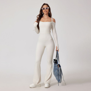 Tuta da <span class=keywords><strong>donna</strong></span> nuova senza schienale con spalle scoperte Sexy costume intero a maniche lunghe pantaloni svasati tuta Yoga - Product Image 1