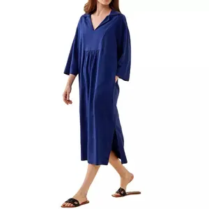 도매 및 맞춤형 패션 여성 여름 편안한 린넨 v 넥 3/4 긴 소매 밑단 슬릿 캐주얼 여성 드레스