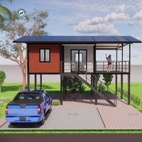 Maison conteneur de 39 m² avec 2 chambres, sur pilotis et véranda de 24 m², toit à double pente, maison préfabriquée modulaire au Cambodge