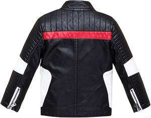 Veste en cuir pour enfants avec logo personnalisé d'usine OEM, couleur contrastée blanc-rouge, veste de motard pour enfants, fermeture éclair décorative, cuir PU - Product Image 3