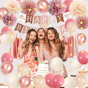 Decoraciones de <span class=keywords><strong>Cumpleaños</strong></span> para Mujer, Globos de Fiesta Rosa Pálido Retro, Pancarta Boho de <span class=keywords><strong>Feliz</strong></span> <span class=keywords><strong>Cumpleaños</strong></span>, Pompones de Papel, Guirnalda de Borlas - Product Image 2