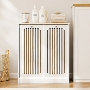 Armadio per lavanderia con ante a ribalta e ripiani a doghe, doppio scomparto per tessuti, per balcone e bagno - Product Image 4