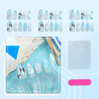 Faux ongles à presser longs forme cercueil, motif palmier de plage estival et étoiles dégradées bleues, réutilisables, pour les vacances et le quotidien